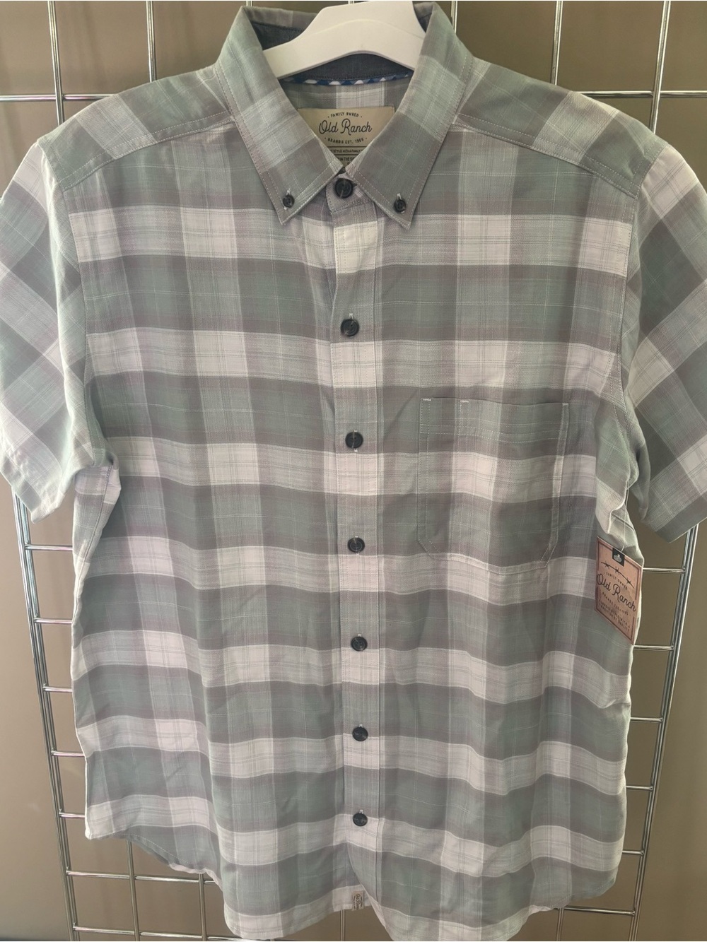 NWT Old Ranch Short-Sleeve Plaid Button-Down Shirt Sz L Cotton Sage/ Grey